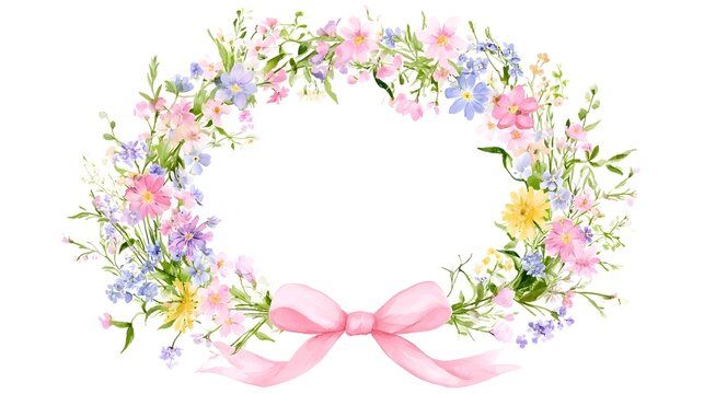 Watercolor floral frame background with a pink ribbon bow. Vintage meadow wildflower border design for elegant summer wedding invitation card template. Pastel nature illustration text backdrop.