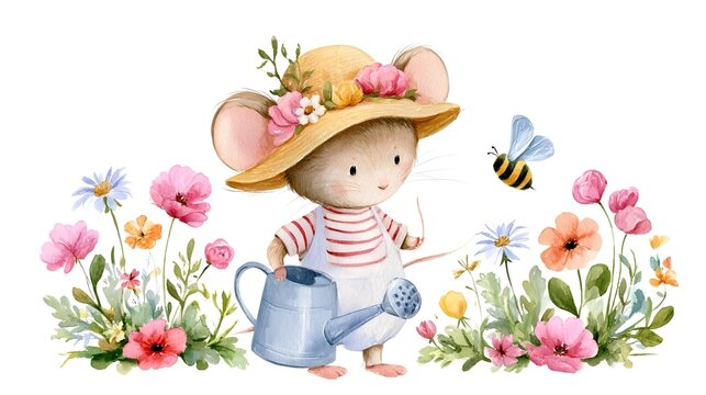 Watercolor illustration. Mouse with watering can and bee. Garden banner with flowers. Stock Illustration