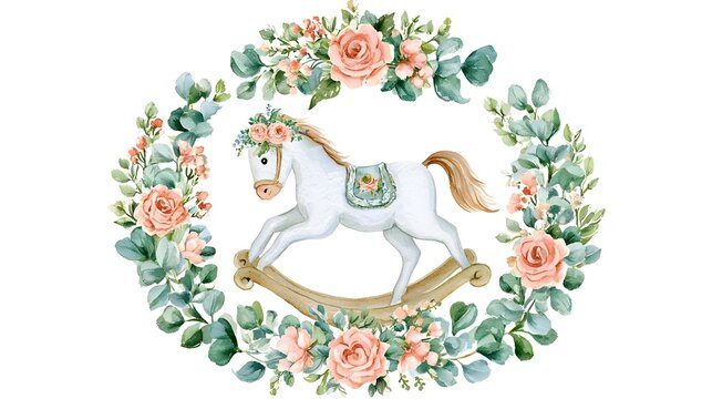 Watercolor rocking horse. Floral eucalyptus wreath. Meadow card illustration. Stock Illustration