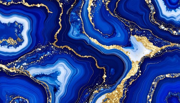 Luxury Geode Agate Slice Pattern: Tribal Abstract Gold Glitter Wavy Design in Lapis, Aubergine & Gamboge. 