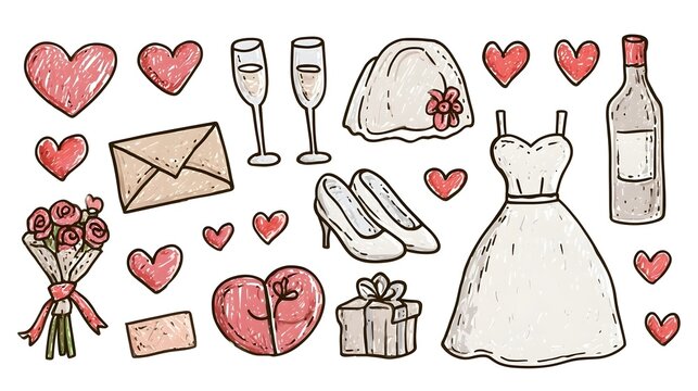 Wedding Celebration Doodle Set Hand Drawn Vector Illustration Stock Vector