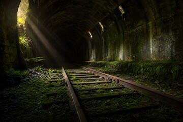 Fototapeta premium Abandoned Rail Tunnel with Rusted Tracks Mossy Sleepers and Sunlight Shafts Creates Haunting Beauty Naturally