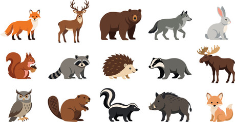 Obraz premium Woodland Forest Animal Collection Flat Vector Wildlife Illustration Set
