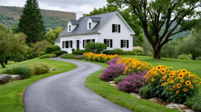 White colonial house with winding driveway and colorful garden