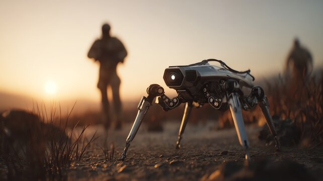 A robot dog in a futuristic landscape at sunset.