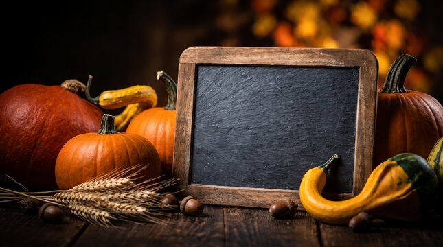 Autumn rustic slate frame mockup showcasing ripe orange pumpkins, decorative yellow gourds and dried wheat stalks, representing seasonal harvest celebration and thanksgiving menu copy space
