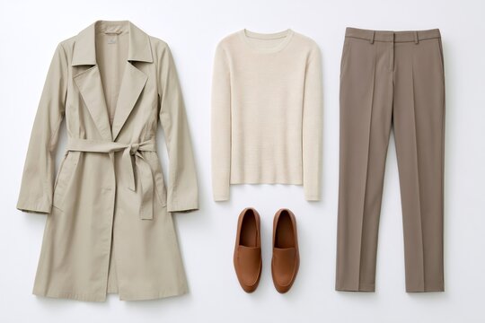 Neutral color fashion outfit with trench coat and loafers