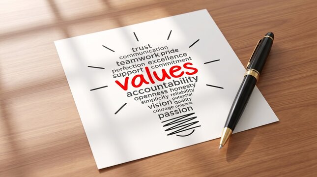 Corporate Core Values Concept with Word Cloud in Lightbulb Shape on Note Paper
