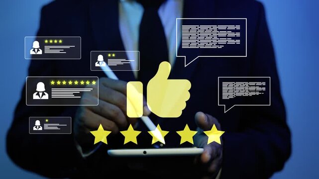 Business person using a tablet with holographic customer reviews, speech bubbles, stars and a thumbs up icon, showing online feedback, rating, trust and digital service quality 