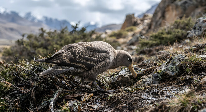 A large seabird foraging on a rocky mountain slope in a remote landscape