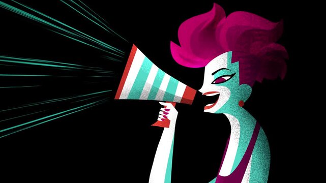 female activist shouting through a megaphone during a public demonstration