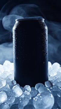 A cold dark aluminum beverage can sits upright surrounded by crushed ice cubes.