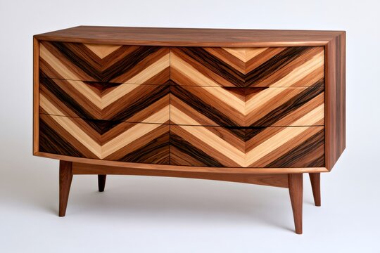 Mid-century modern dresser featuring chevron wood marquetry pattern