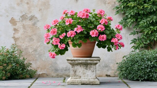 Pink geranium flowering plant in terracotta pot on stone pedestal