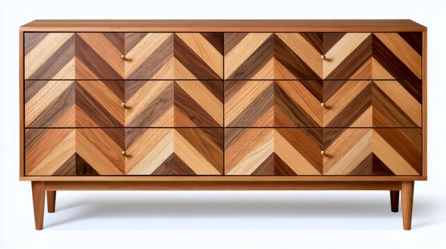 Mid-century modern dresser featuring chevron wood inlay pattern