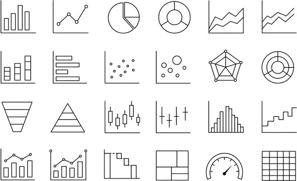Chart Icons Set, Line Art PNG Data Analytics Icons Collection, Bar Line Pie Donut Radar Funnel Candlestick Histogram Gantt Gauge Grid Symbols for Business and Dashboard Design