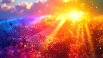 Fototapeta premium Abstract golden sunlight flares and colorful bokeh light effect.