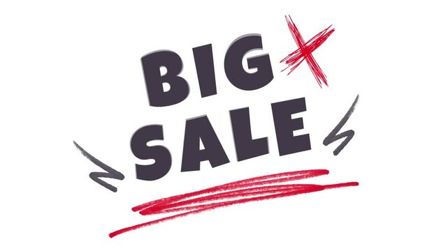Big sale hand drawn text animation featuring bold black letters and bright red sketch motion footage
