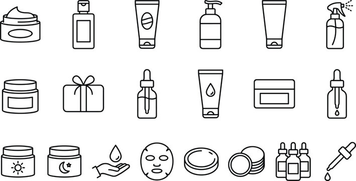 Skincare cosmetic products line icon vector set featuring bottles cream jars serum droppers spray and facial sheet masks