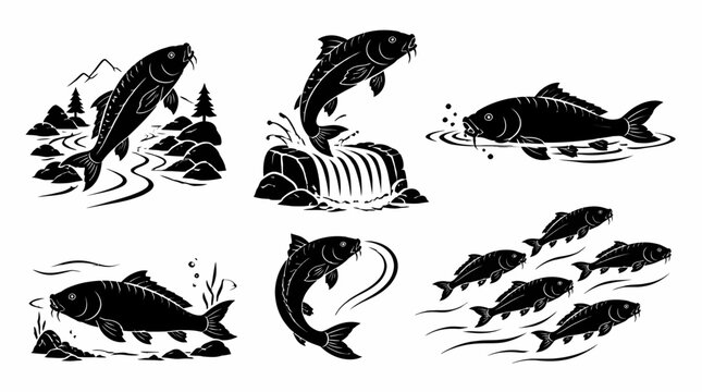 Set of black and white carp fish silhouettes in various active poses