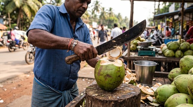 Middle-aged Indian vendor chopping fresh green coconut with a machete at a street market stall, depicting tropical refreshment, street food culture, and traditional beverage preparation