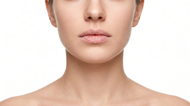Clinical beauty close up of young woman with severely dry lips isolated on white background for intensive lip repair dermatology skincare and healthcare advertising