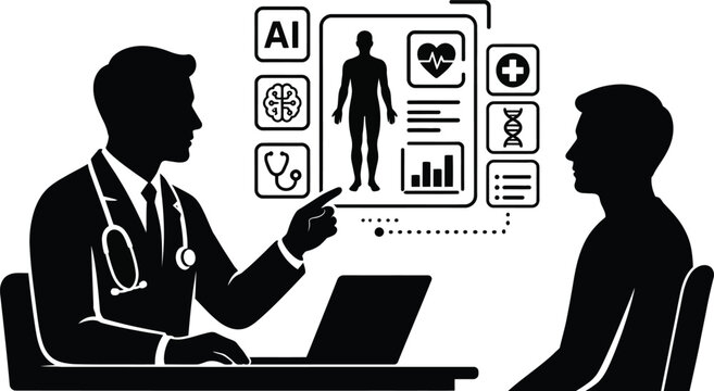 a clean black vector silhouette of a doctor consulting with aa floating AI medical interface beside a patient, minimal technology elements Art & Illustration