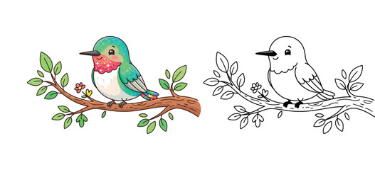 Fototapeta premium Cute Colorful Hummingbird Bird Cartoon Coloring Page