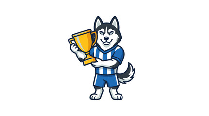 Cartoon husky dog athlete holding a gold trophy cup. © CethakCethik