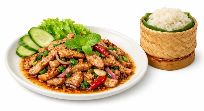 Isolated Thai spicy grilled pork salad with red chili, mint, roasted rice, shallot, and sticky rice basket on white background.