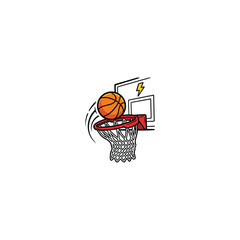 Vibrant Basketball Slam Dunk Artwork Showcasing An Orange Ball, Red Hoop, And Yellow Lightning Bolt For Sports Team Logos And Promotional Materials Vector Illustration © GPX