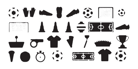 Soccer equipment and accessories icons set with ball, gloves, cleats, goal, and whistle. © MSTSADIYA
