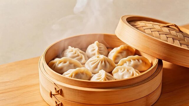 Steaming dumplings in bamboo steamer