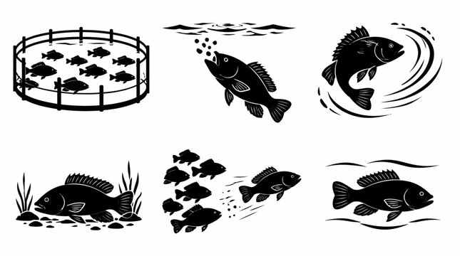 Black and White Fish Icons Set, Aquatic Wildlife Silhouettes