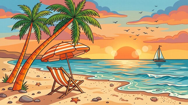 Illustration of tropical beach with palm trees deck chair with chair umbrella sunset cartoon beach palms relaxation landscape vacation paradise starfish peaceful holiday with ocean