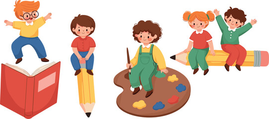 Fototapeta premium Cute Children Education Vector Character Set Featuring Happy Kids with Pencils, Books, and Paint Palette for School Designs