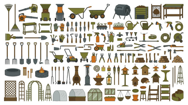 An expansive array of diverse garden and landscaping items, including various hand tools, lawnmowers, outdoor structures, and decorative elements, is spread across a white background.