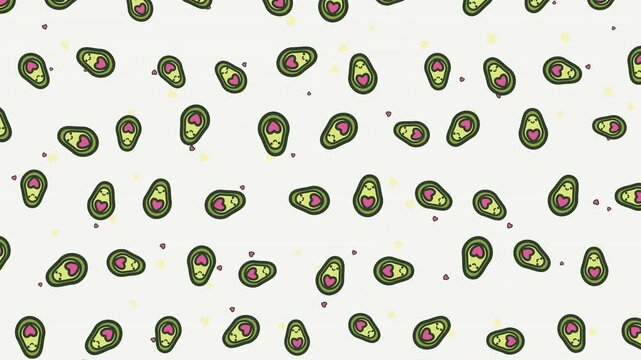 Cute cartoon avocado pattern with heart shaped pits rotating and spinning in a seamless loop animation on a light background.