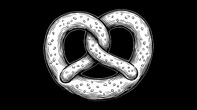Hand-drawn black and white pretzel line art illustration.