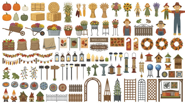 A comprehensive illustration features a large collection of autumn and garden-themed decorative items, including scarecrows, flowers, wheelbarrows, and outdoor ornaments, on a white background.
