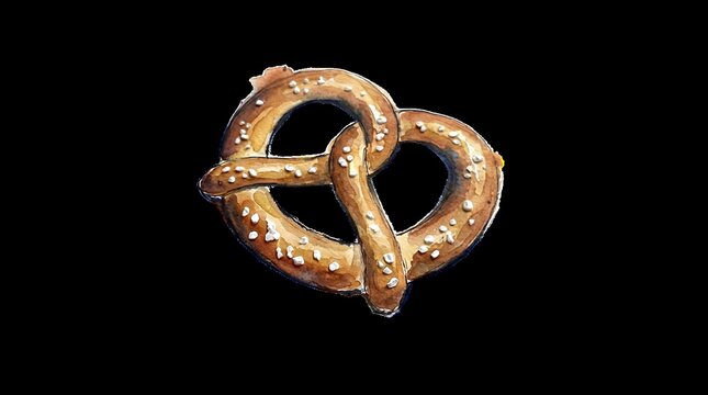 Single salted hard pretzel isolated on black background