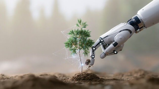 Net zero transition in climate tech with ai supports sustainable urban scenery showing robotic hand planting tree