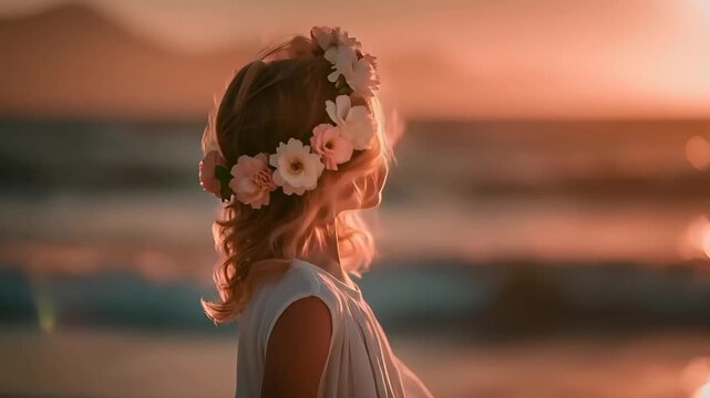Summer hot vibe lifestyle. A portrait of a young girl, captured in a side profile. She wears a floral crown of white flowers and wavy, lightcolored hair. The setting sun casts a warm.