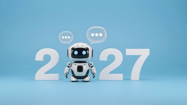 Cute ai robot standing as digit zero in year 2027 with speech bubbles on blue background 3d render