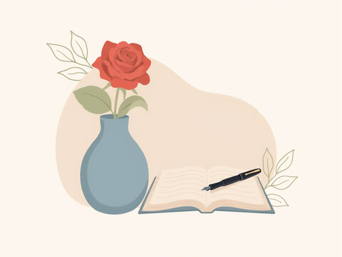 Minimalist hand-drawn illustration of an open notebook with a fountain pen and a red rose in a vase for creative writing and lifestyle concepts notebook stationery