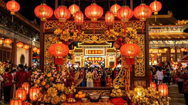 Vibrant traditional chinese temple festival with red lanterns and crowd celebration at night