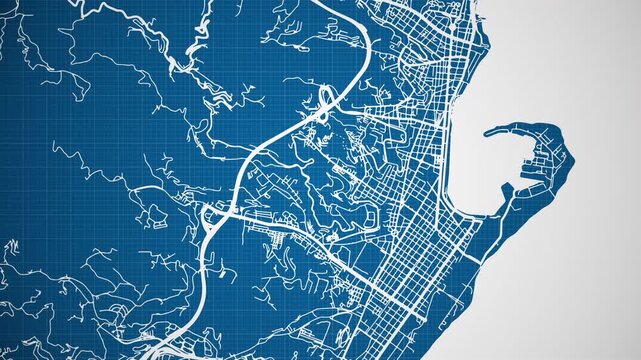 Ink reveal animation of Padua city, Veneto, Italy, grid map. Aerial top view. Blueprint style. White lines with blue background. 4K Seamless loop.
