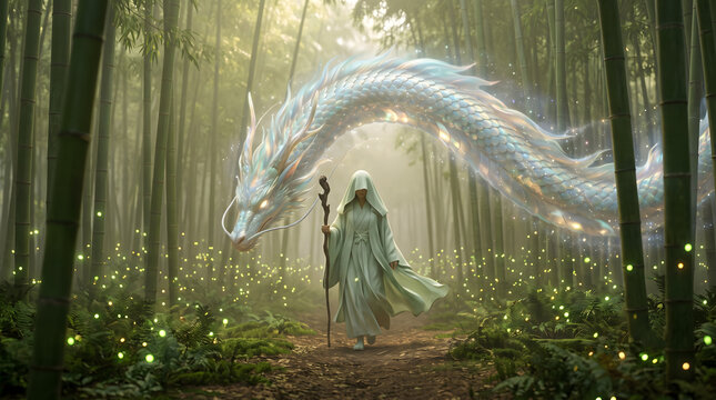 Mystical Monk Walking with a Glowing White Dragon in a Bamboo Forest