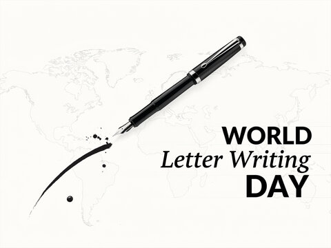 World letter writing day creative design featuring a fountain pen and a subtle world map background celebrating the art of written communication, fountain