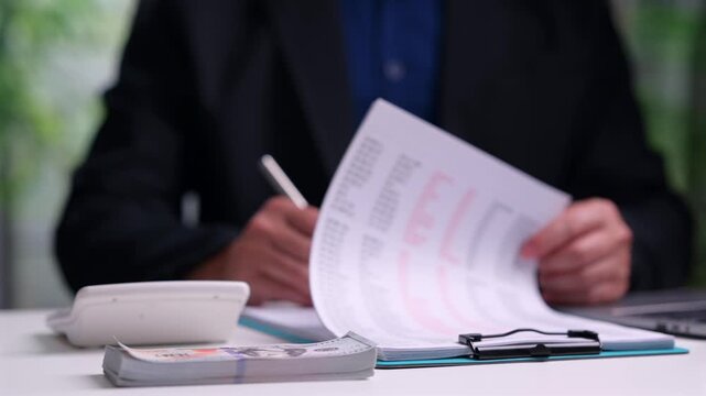 Professional male accountant reviews financial document sheets, analyzing business budget data, calculating company expenses near cash money stack inside office workspace, writing notes.